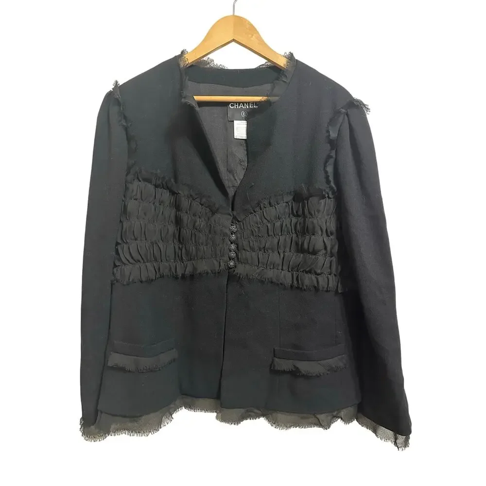 Chanel women's black chiffon‎ trim jeweled wool blazer size 50